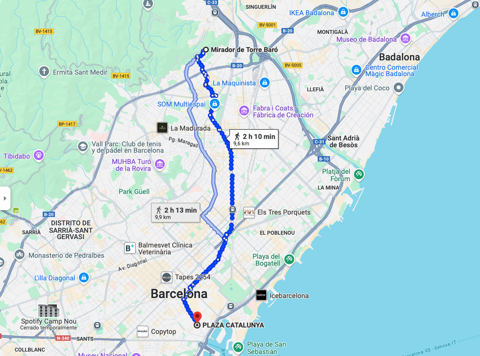 Map showing the distance between Torre Baró and Plaça Catalunya