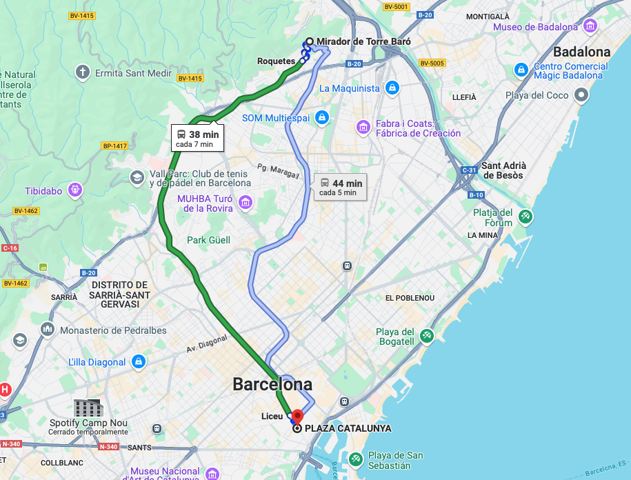 Map showing the bus route between Torre Baró and central Barcelona